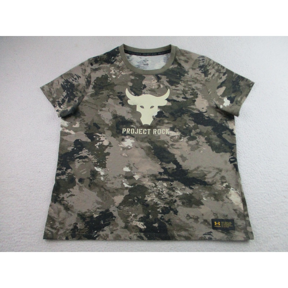 Under Armour Project Rock Shirt Womens XL Green Camo Freedom Bull Logo‎
